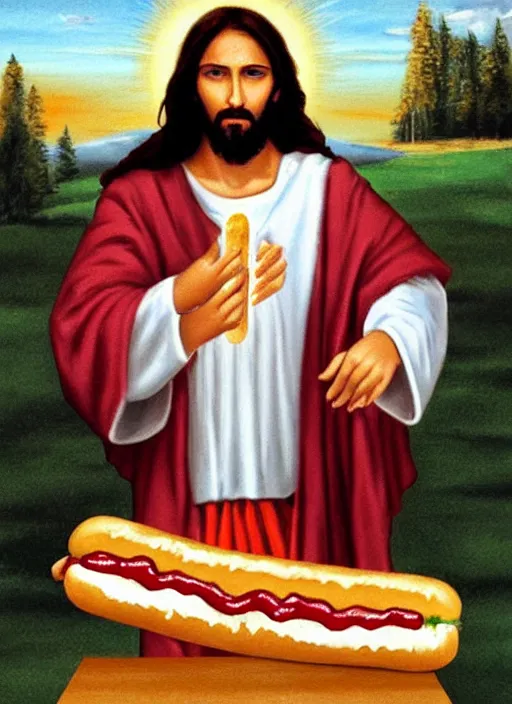 Image similar to jesus holding a hotdog