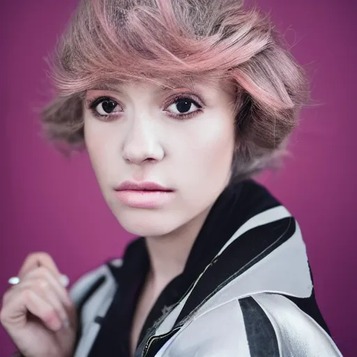 Prompt: female, beautiful, portrait, photograph, looking at viewer, silver pink black jacket,