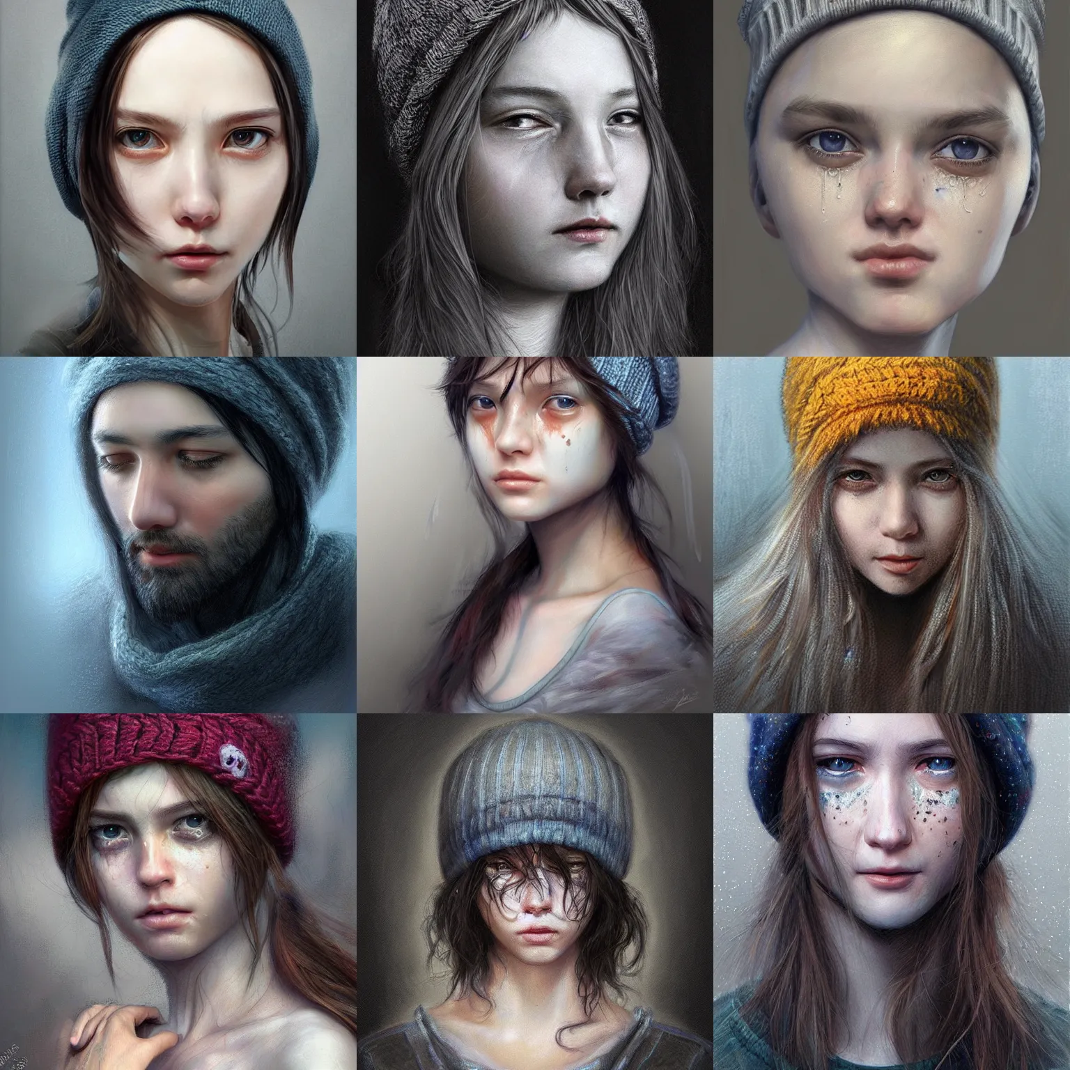 Prompt: portrait of a crying ai artist, detailed clothing, beanie, concept art, artstation, detailed luminescent digital painting by alan lee and artgerm, exquisite masterpiece