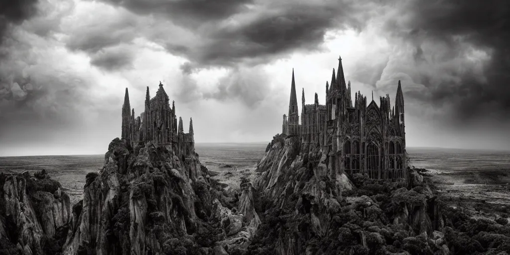 Image similar to dramatic film still of a cathedral by denis villeneuve, gothic architecture, top of a canyon, vultures, 24mm angle, studio ghibli and eddie mendoza, atmospheric, stormy, dramatic skies, moody, dark, cinematic, volumetric lighting, 8K