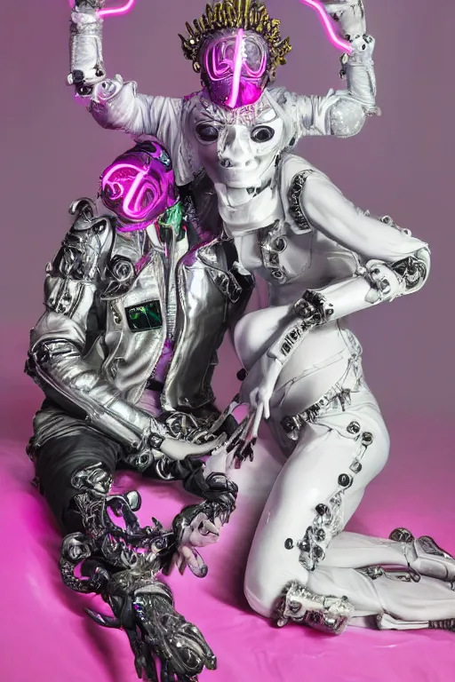 Prompt: full-body rococo and cyberpunk style neon statue of a young attractive Brasileiro macho dotado android laying back sim roupa con piroca, glowing white laser eyes, prince crown of pink gears, diamonds, swirling silver-colored silk fabric. futuristic elements. full-length view. space robots. human skulls. intricate artwork by caravaggio. Trending on artstation, octane render, cinematic lighting from the right, hyper realism, octane render, 8k, depth of field, 3D