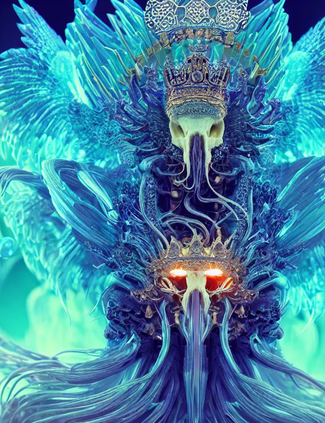 Image similar to goddess phoenix macro close - up portrait with crown made of ram skull. phoenix, betta fish, jellyfish, bioluminiscent, plasma, ice, water, wind, creature, super intricate ornaments artwork by tooth wu and wlop and beeple and greg rutkowski