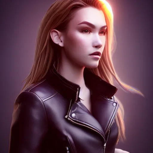 Image similar to a beautiful detailed 3 d matte portrait of sanna marin, by artgerm, leather jacket, fantasy, volumetric lighting, high details