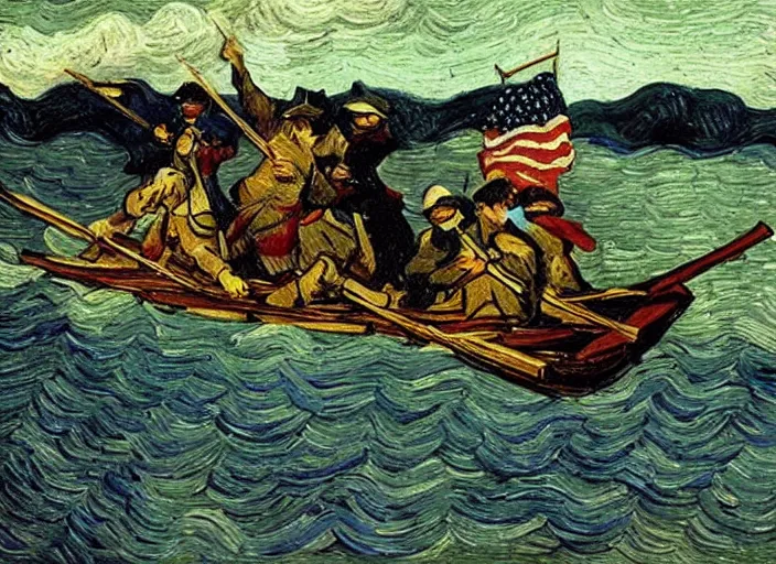 Image similar to Washington Crossing the Delaware, Dramatic Portrait Oil on Canvas, Heroic Patriotic Godd Bless America, Artwork by Vincent van Gogh