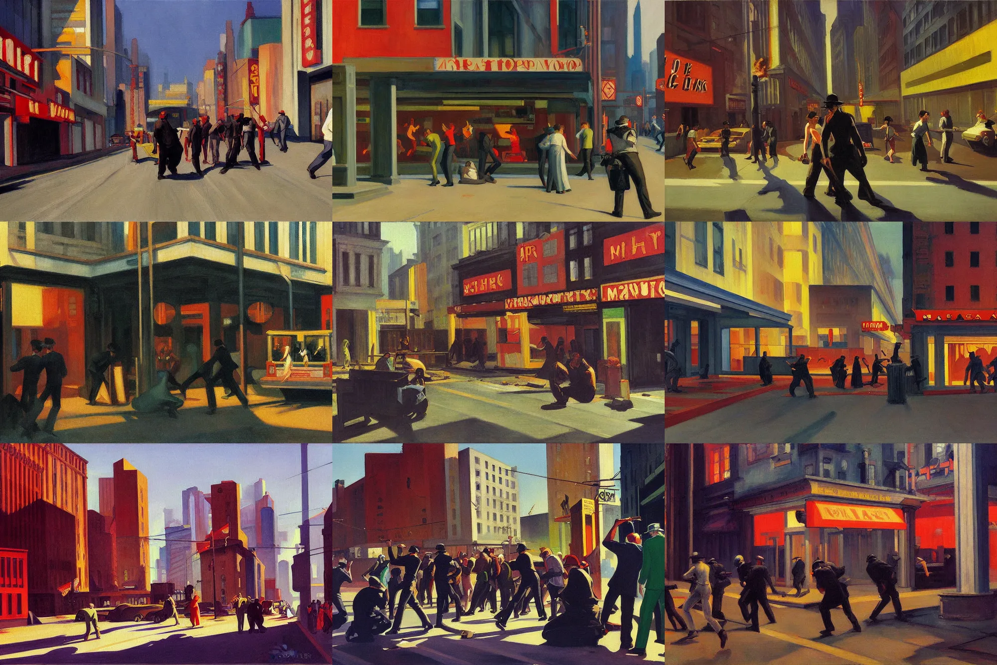 Prompt: A painting of a cyberpunk street riot by Edward Hopper