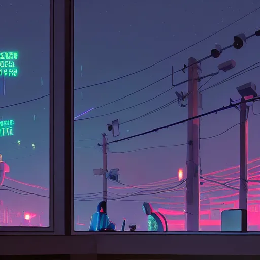 Image similar to Hacker's Room, View at the night city through the Window, night, lights, Volumetric lighting, Simon Stålenhag