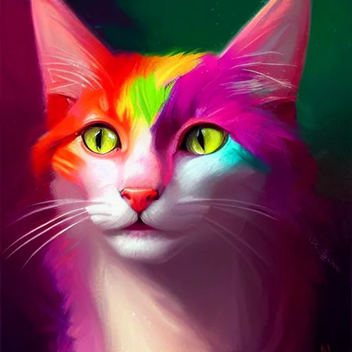 Image similar to colorful and festive cat with pink hair,. rich vivid colors, ambient lighting, dynamic lighting, 4 k, atmospheric lighting, painted, intricate, highly detailed by charlie bowater