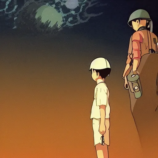 Image similar to Film still from Grave of the Fireflies (1988), evening, Studio Ghibli, Artstation