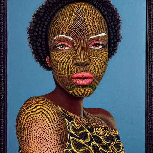 Prompt: beautiful painted portrait of a gorgeous black woman, symmetrical, her skin in the pattern style of e. a. seguy and rene magritte, intricate details, opulent, hyper detailed, surrealism, vibrant and vivid,