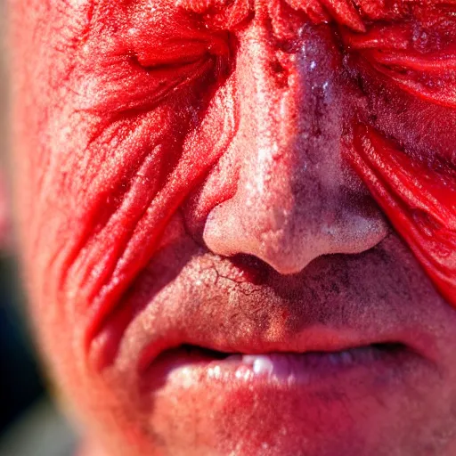 Image similar to extreme closeup of sweaty red person, wideangle