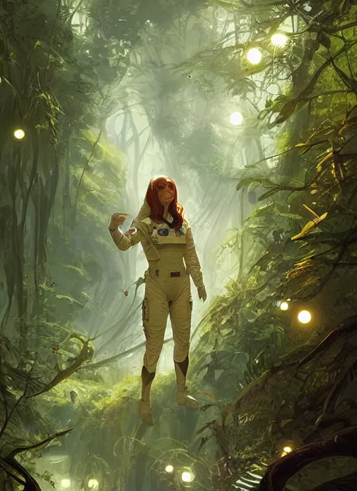 Image similar to a beautiful female astronaut exploring a magical rain forest, D&D, fantasy, intricate, cinematic lighting, highly detailed, digital painting, artstation, concept art, smooth, sharp focus, illustration, art by Terry Moore and Greg Rutkowski and Alphonse Mucha