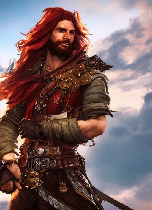 Image similar to an epic fantasy comic book style portrait painting of a long haired, red headed male sky - pirate in front of an airship, unreal 5, daz, hyperrealistic, octane render, cosplay, rpg portrait, dynamic lighting, in the style of final fantasy