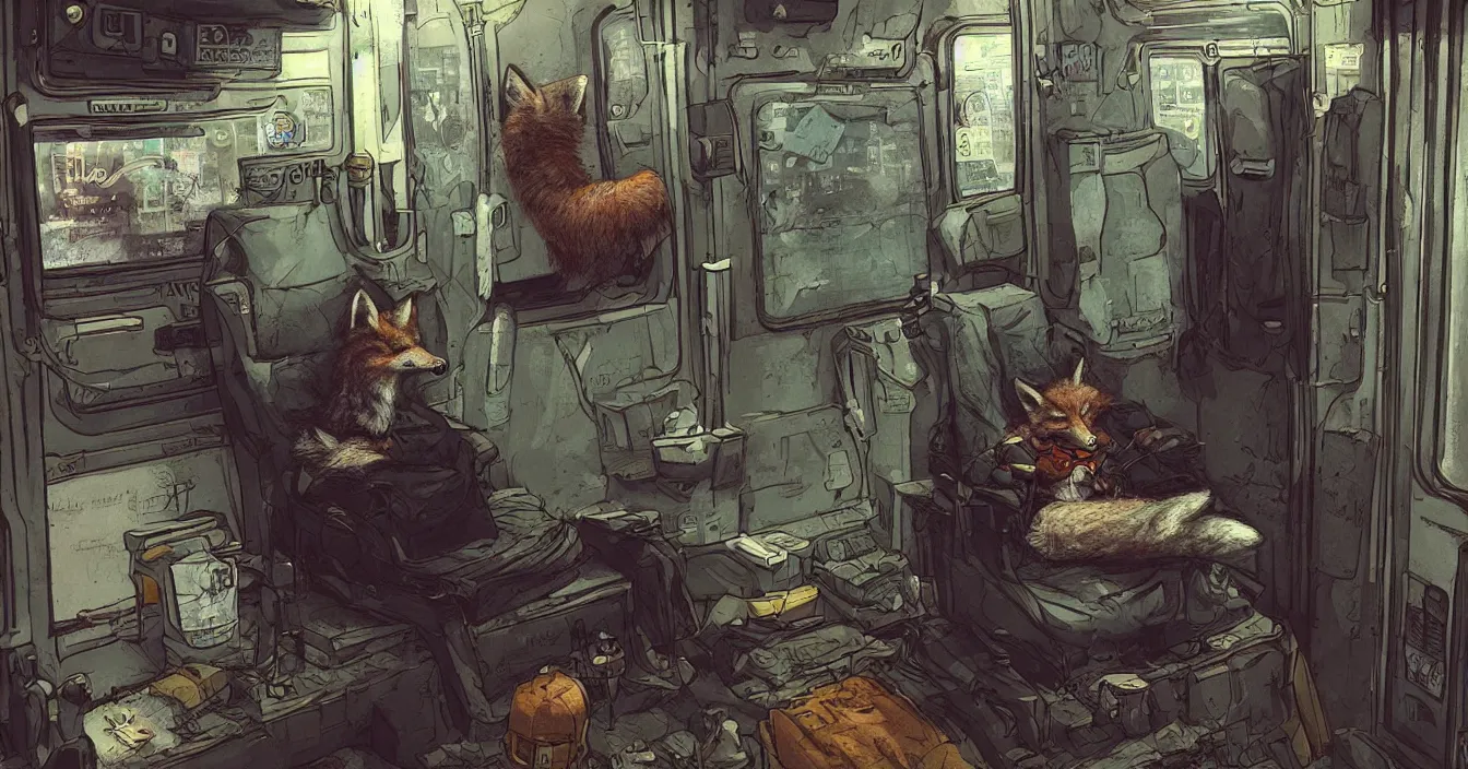 Prompt: Imagination of intelectual homeless fox with hood over head and old coat, sits on a dirty cold seat in a old cyberpunk subway car, cyberpunk 2077, amazing digital art