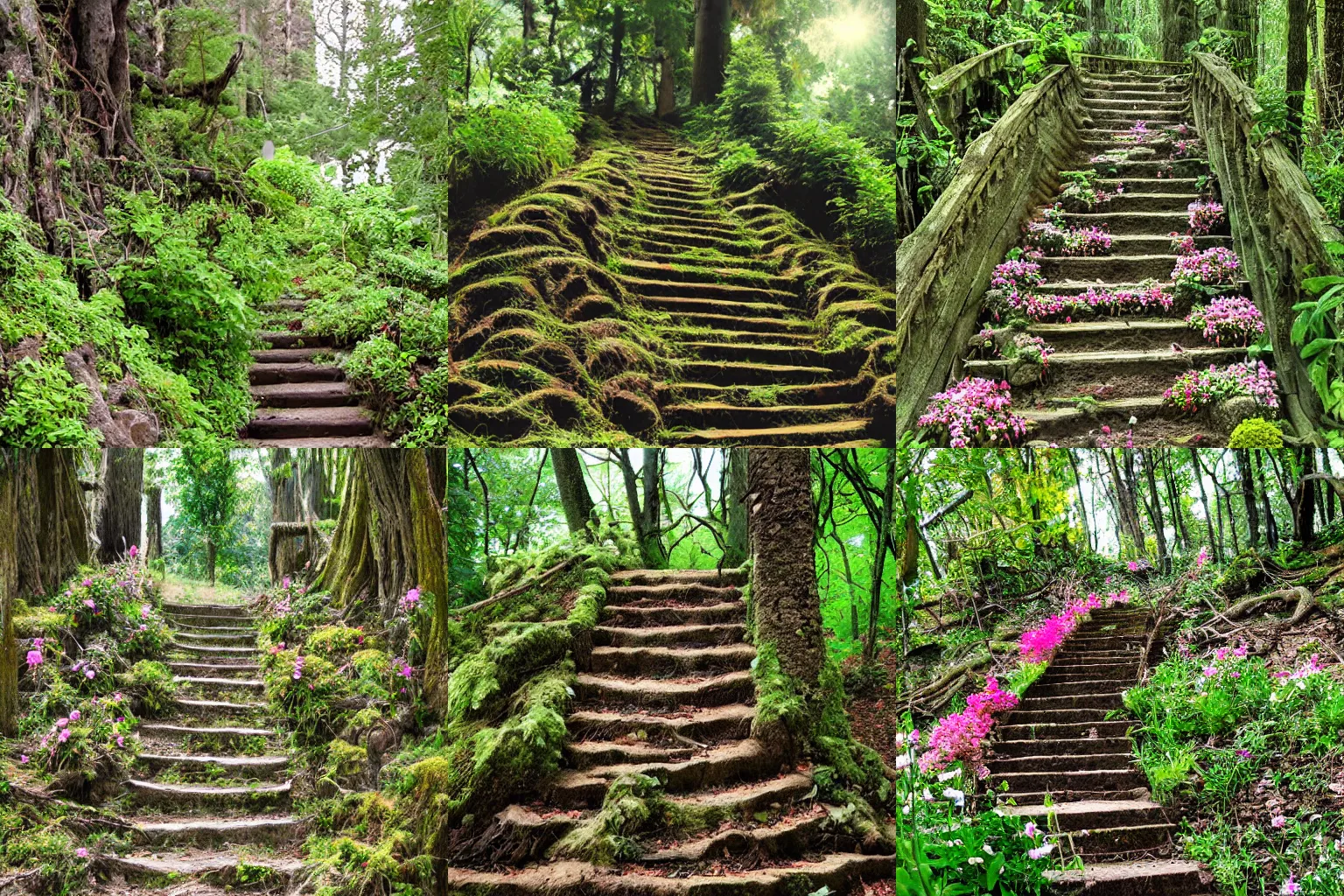 Prompt: stairway made of roots, trees and flowers