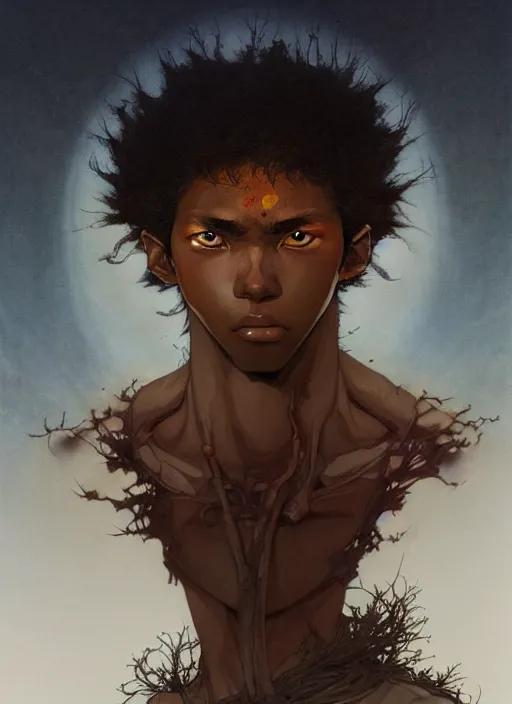 Image similar to prompt : portrait soft light painted by james jean and katsuhiro otomo and erik jones, inspired by akira anime, epic fantasy, a young long haired peasant boy with dark skin, brown skin, a dark complexation in plain fantasy clothing with intelligent eyes, intricate oil painting, high detail illustration, sharp high detail