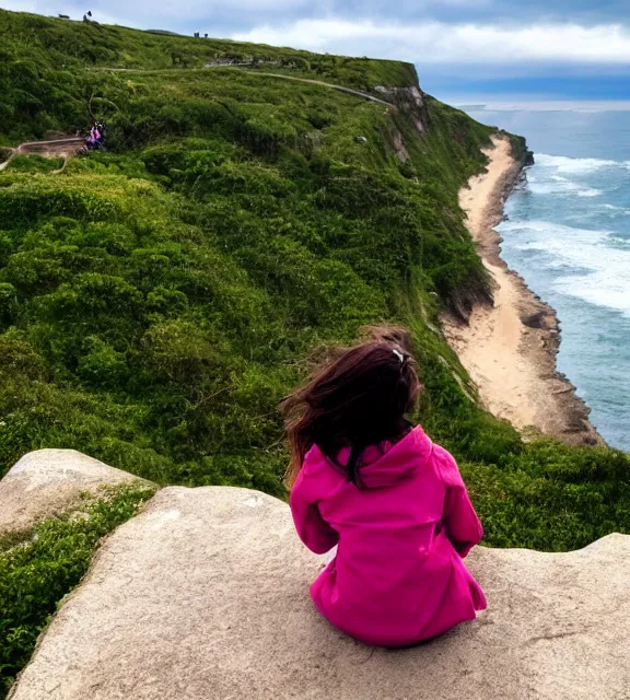 Prompt: a girl sitting on a cliff overlooking a beach