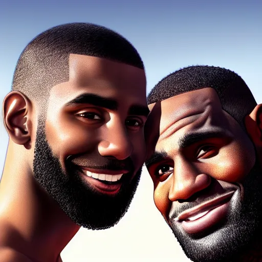 Prompt: beautiful serene intricate portrait of kyrie irving and lebron james taking a selfie, smiling softly, relaxing on the beach, golden hour, soft focus, 8 k, art by irakli nadar, hyperrealism, hyperdetailed, ultra realistic