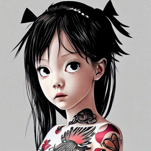 Prompt: tattooed little girl wearing an white dress. art by ilya kuvshinov, profile picture, inspired by hirohiko araki, highly detailed, 8 0 s anime art style, realistic, vogue cover