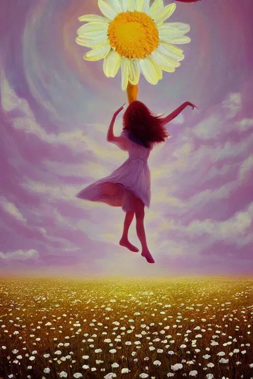 Image similar to giant white daisy flower as head, girl dancing in a flower field, surreal photography, sunrise, dramatic light, impressionist painting, colorful clouds, digital painting, artstation, simon stalenhag