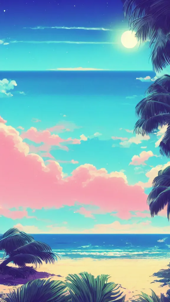 Image similar to beach horizon view of the tropical ocean on an alien planet, vaporwave ocean, clear sky, beautiful colors, planet in space over the horizon, trending on artstation, digital art by hayao miyazaki, studio ghibli style