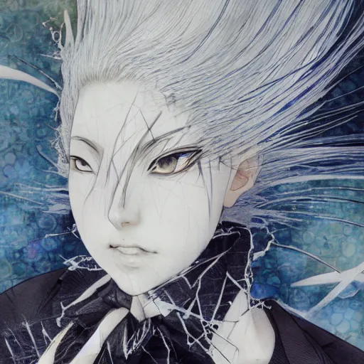 Image similar to Yoshitaka Amano realistic illustration of an anime girl with white hair and cracks on her face wearing dress suit with tie fluttering in the wind, abstract black and white patterns on the background, noisy film grain effect, highly detailed, Renaissance oil painting, weird portrait angle