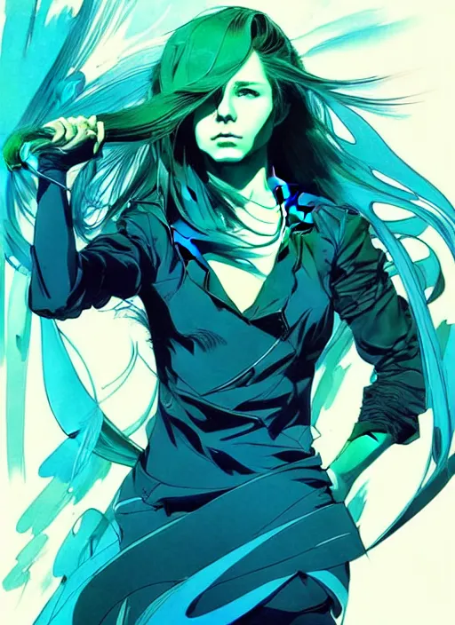 Image similar to style of yoji shinkawa, artgerm, joshua middleton, beautiful kristen bell with green dress, very long blue hair, water powers water swirling, symmetrical face, symmetrical eyes, detailed, beach setting, cinematic lighting