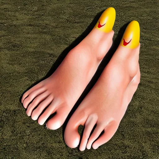 Image similar to hyper realistic oscar meyer weiner long toes