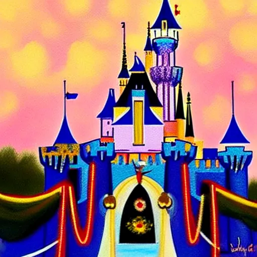 Prompt: beautiful painting of the disneyland castle in the style of walt disney