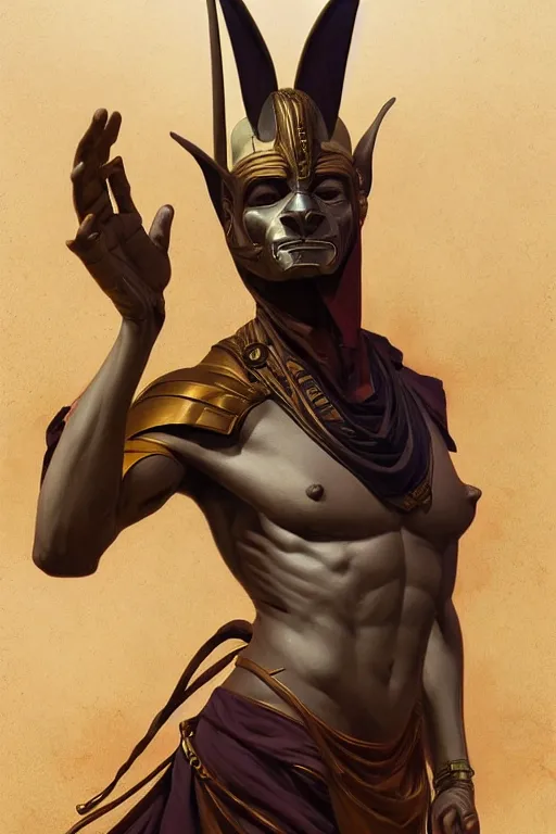 Image similar to Anubis, accurate anatomy, only two hands, highly detailed, digital painting, artstation, concept art, smooth, sharp focus, illustration, Unreal Engine 5, 8K, art by artgerm and greg rutkowski and Alphonse Mucha