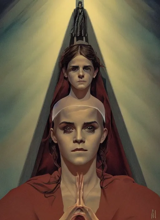 Prompt: poster artwork by Michael Whelan and Tomer Hanuka, Karol Bak of religious Emma Watson nightmare of the crucifixion, from scene from Twin Peaks, clean