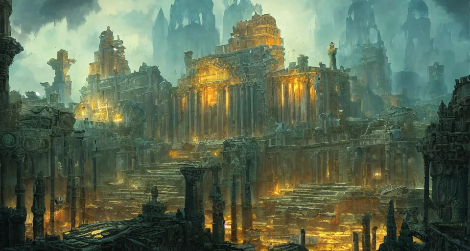 Prompt: ancient city of atlantis with big buildings in gold, fantasy, magical, cinematic, establishing shot, atmospheric lighting, extremely detailed, intricate, sharp focus, coherent, art style of marc simonetti, bowater charlie and brom gerald