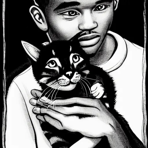 Image similar to storybook illustration of a rapper in 1 9 9 0 new york holding a kitten up to the camera, storybook illustration, monochromatic