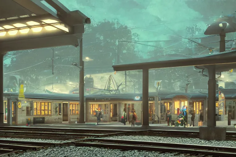 Prompt: a train station, trending on artstation, bright light, mixed media, octane rendering