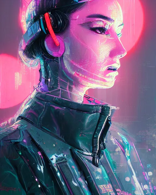 Image similar to detailed side profile portrait Neon Operator Girl, cyberpunk futuristic neon, reflective puffy coat, decorated with traditional Japanese ornaments by Ismail inceoglu dragan bibin hans thoma greg rutkowski Alexandros Pyromallis Nekro Rene Maritte Illustrated, Perfect face, fine details, realistic shaded, fine-face, pretty face