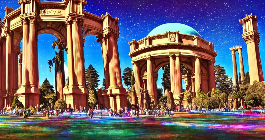 Prompt: the san francisco palace of fine arts during the intergalactic futuristic fair, spaceships, portals, worm holes, futurism painting, sci - fi