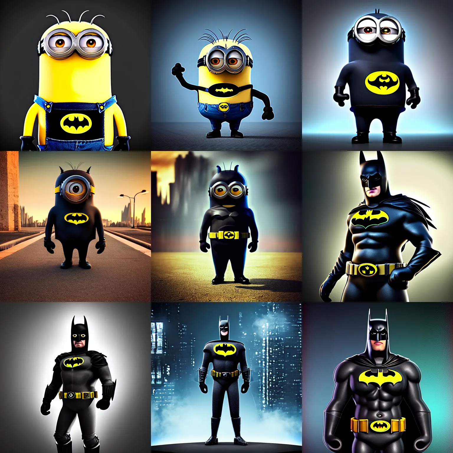 Image similar to “minion batman, full body, UHD, hyperrealistic render, 4k, cyberpunk”