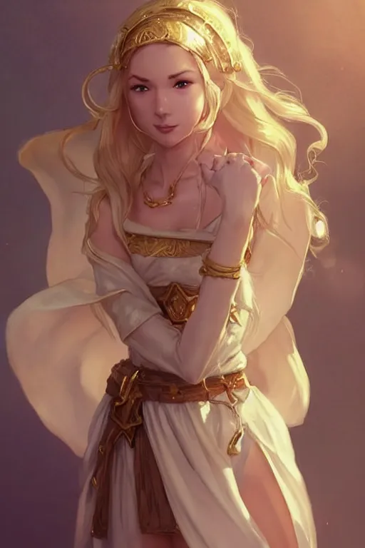 Prompt: Pretty Female Cleric, white robes, golden details!, church background!, golden hair, green eyes, light brown skin!, detailed face, cute smile, sexy, DND, D&D, low fantasy, by WLOP, Stanley Artgerm Lau, frank frazetta, Rossdraws, James Jean, artgerm, trending on Arstation, artstationHD, artstationHQ, cgsociety, HD 16K, extremely detailed, face details!, NO EXTRA ARMS!, pose