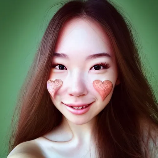 Image similar to beautiful hyperrealism selfie of a cute 3 d young woman smiling softly, long light bronze brown hair, cute freckles, flushed face, red blush, small heart - shaped face, soft features, emerald green eyes, chinese heritage, golden hour, 8 k, sharp focus, instagram