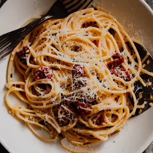 Prompt: pasta carbonara, canon eos r 3, f / 1. 4, iso 2 0 0, 1 / 1 6 0 s, 8 k, raw, unedited, symmetrical balance, in - frame