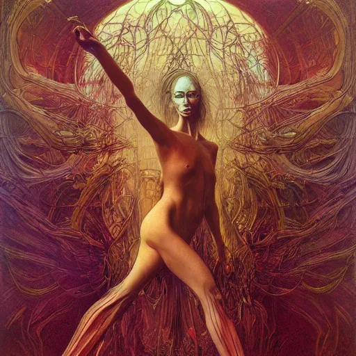 Image similar to android being from another dimension by zdzisław beksinski, iris van herpen, raymond swanland and alphonse mucha. highly detailed, hyper - real, beautiful