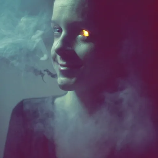 Image similar to angel, smiling, unnatural grin, horror, creepy, smoke, black, dark, glow