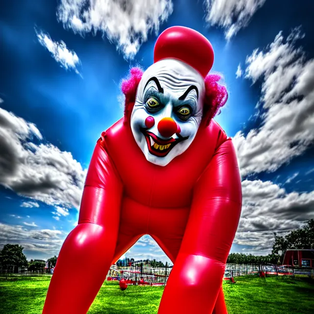 Image similar to scary clown made of bouncy castle, highly detailed, 8 k, hdr, smooth, sharp focus, high resolution, award - winning photo