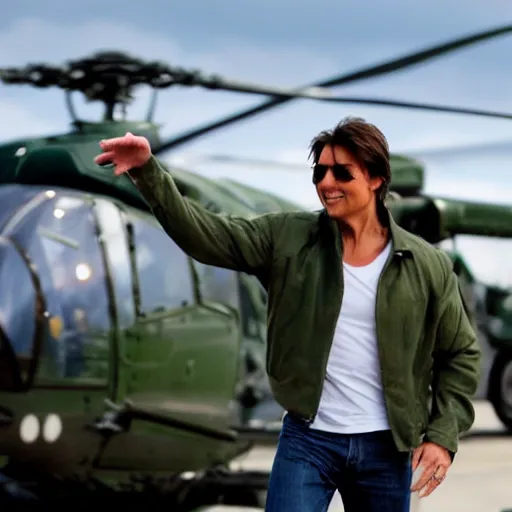 Image similar to Tom Cruise waving to fans. He's wearing bluejeans and a green jacket, Ralph Lauren. A helicopter is in the background. Shallow depth of field