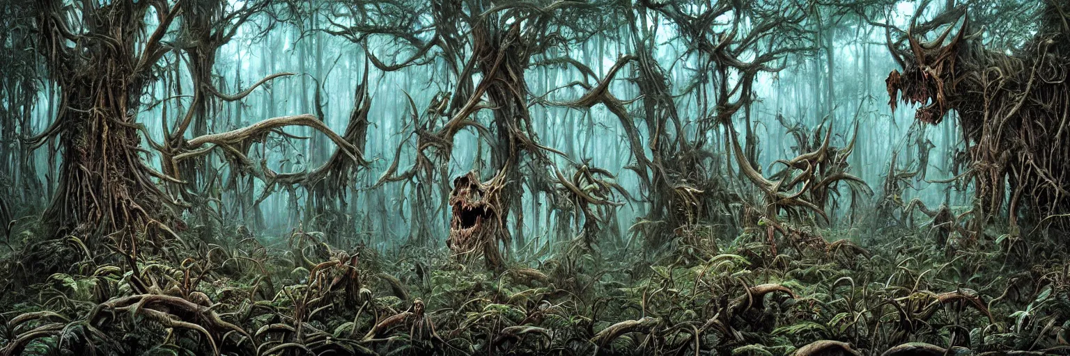Prompt: dense haunted forest on an exotic alien planet, jungle of antler trees, insectile plants, gnarled stumps and thorny weeds forming demonic moose skull image, by ian miller, rodney matthews and artstation, hyperdetailed, photorealistic render