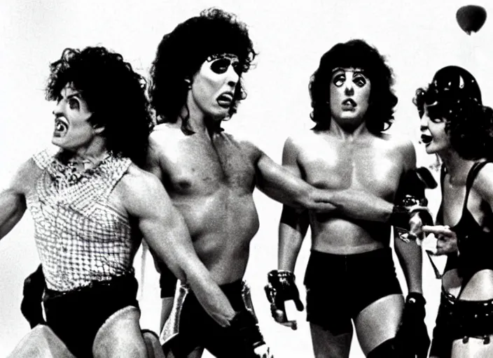 Prompt: a scene from The Rocky Horror Picture Show with Sylvester Stallone