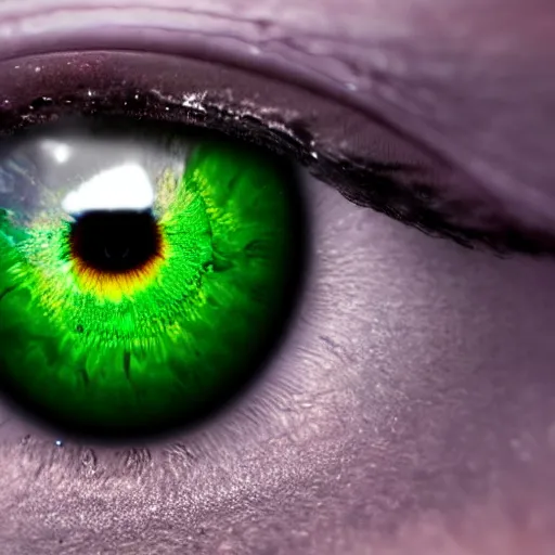 Prompt: close up of a green eyeball photorealistic pupil reflecting a dark storm cloud with lightning bolt 4K