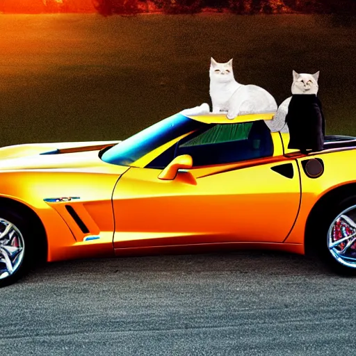 Image similar to corvette with cats sitting in and on the car, cinematic, golden hour, shadows, wide shot