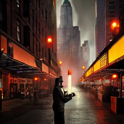 Prompt: ghost of New York, smoking a cigarette outside a bar, NYC sidewalk, city lights, spooky Halloween fun, trending on artstation, 8k, 4k, volumetric lighting, unity