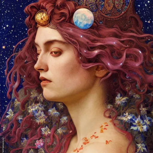 Image similar to queen of the moon with stars in her hair, by tino rodriguez and annie swynnerton and nicholas roerich and jean delville and donato giancola and tom bagshaw and lucien freud, dramatic lighting, floral tattoos, rich colors, smooth sharp focus, extremely detailed, adolf wolfli