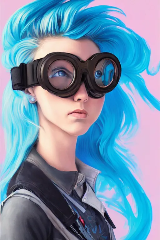 Prompt: portrait painting of a teenage girl with swept back wild blue hair, fashionable, windy, steampunk, reflective goggles, smirking, full body, flat color solid background color, sharp focus, award - winning, cinematic pose, cinematic lighting, trending on artstation, masterpiece, highly detailed, intricate. art by josan gonzales and moebius and deathburger